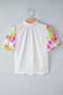 Smocked High Neck Sequin Flower Puff Sleeve Textured Blouse