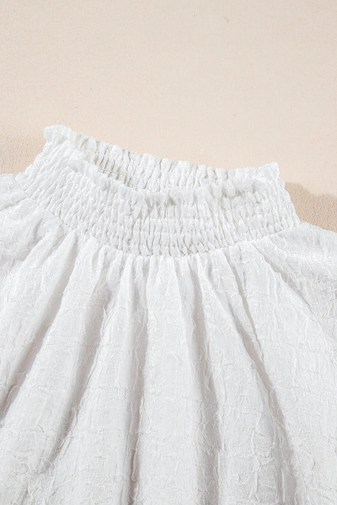 Smocked High Neck Sequin Flower Puff Sleeve Textured Blouse