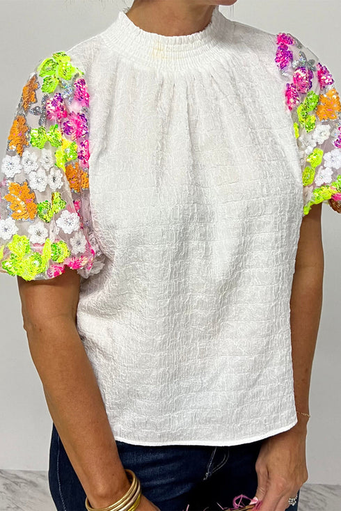 Smocked High Neck Sequin Flower Puff Sleeve Textured Blouse