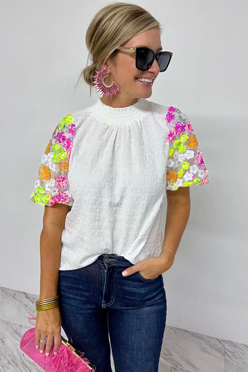 Smocked High Neck Sequin Flower Puff Sleeve Textured Blouse
