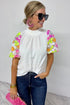 Smocked High Neck Sequin Flower Puff Sleeve Textured Blouse