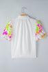 Smocked High Neck Sequin Flower Puff Sleeve Textured Blouse