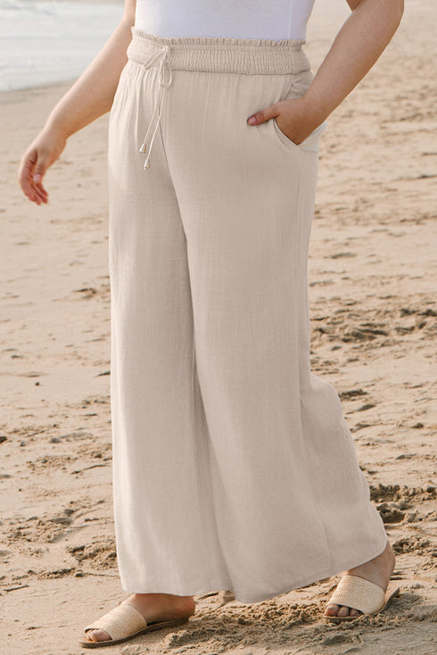 Smocked High Waist Casual Wide Leg Bottoms