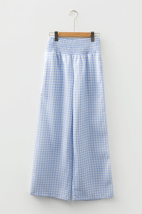 Smocked High Waist Gingham Plaid Pocketed Wide Leg Pants