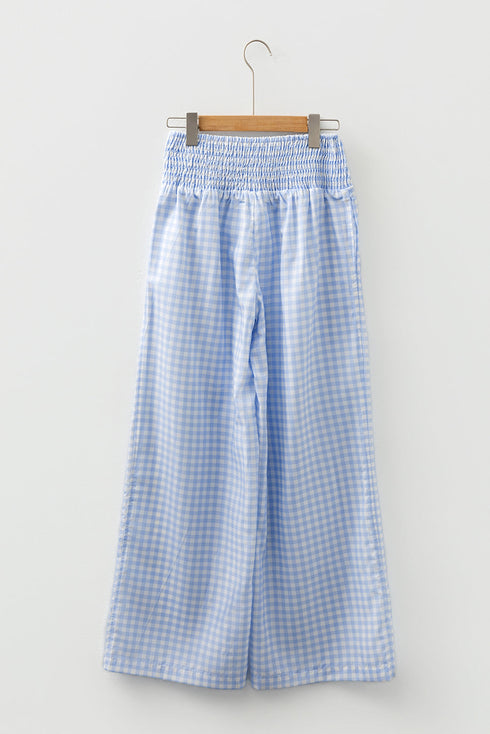 Smocked High Waist Gingham Plaid Pocketed Wide Leg Pants