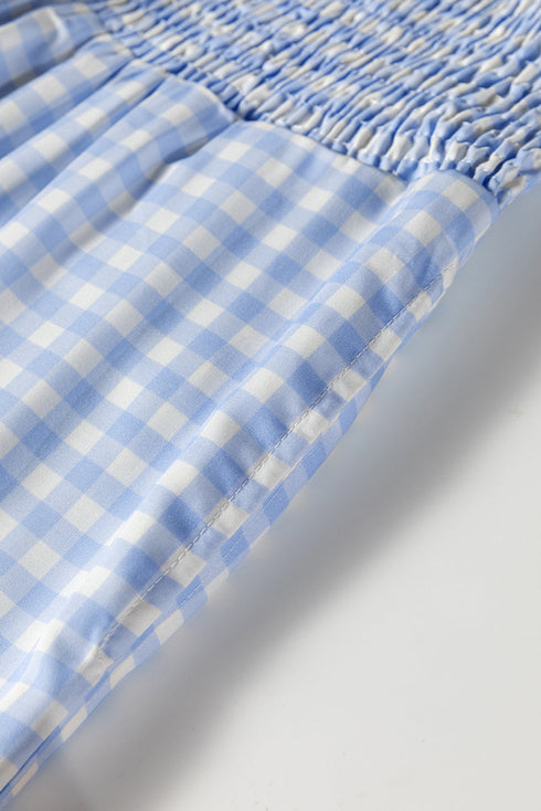 Smocked High Waist Gingham Plaid Pocketed Wide Leg Pants