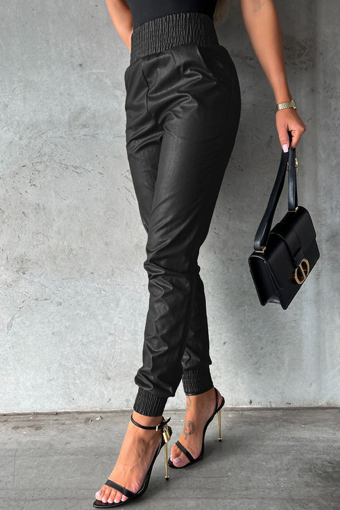 Smocked High-Waist Leather Skinny Pants