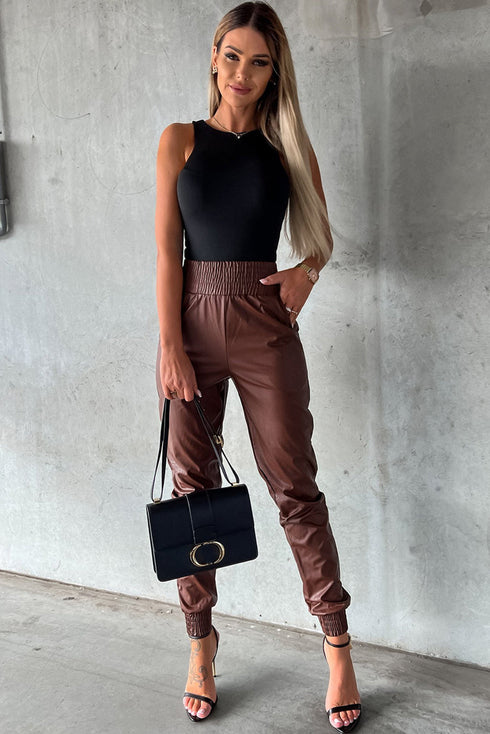 Smocked High-Waist Leather Skinny Pants