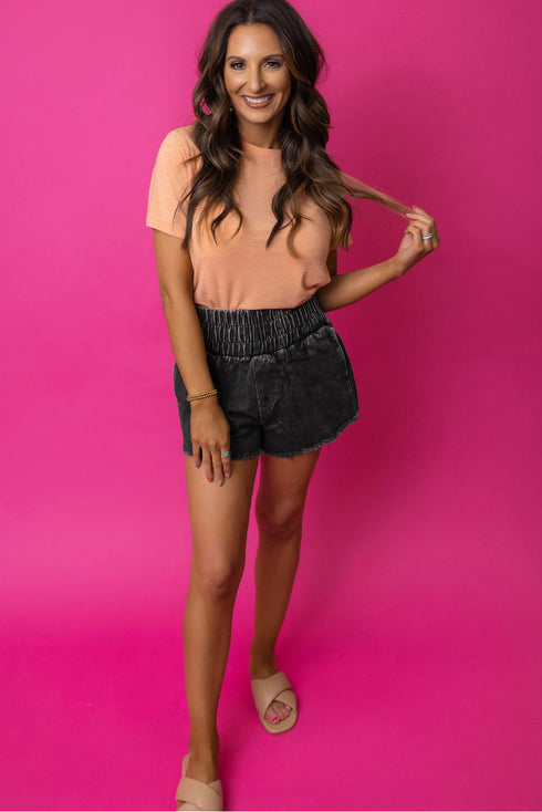 Smocked High Waist Mineral Washed Stretch Denim Shorts