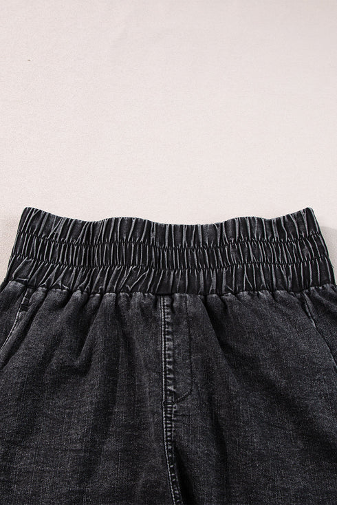 Smocked High Waist Mineral Washed Stretch Denim Shorts