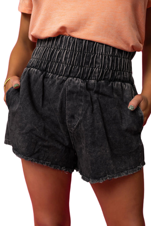Smocked High Waist Mineral Washed Stretch Denim Shorts