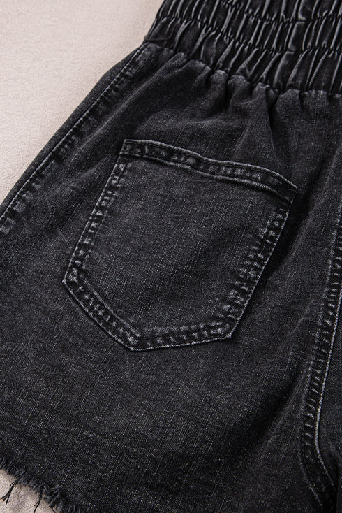 Smocked High Waist Mineral Washed Stretch Denim Shorts