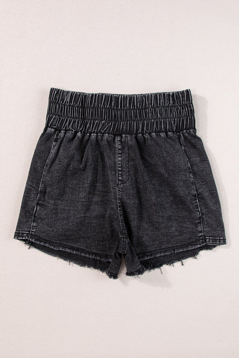 Smocked High Waist Mineral Washed Stretch Denim Shorts