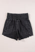 Smocked High Waist Mineral Washed Stretch Denim Shorts