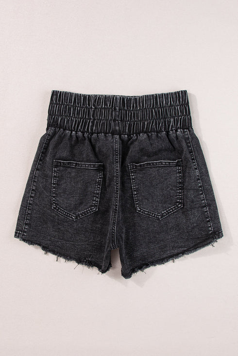 Smocked High Waist Mineral Washed Stretch Denim Shorts
