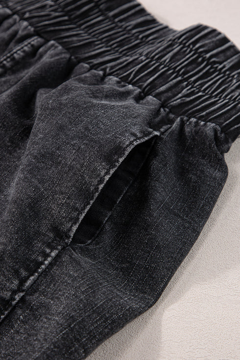 Smocked High Waist Mineral Washed Stretch Denim Shorts