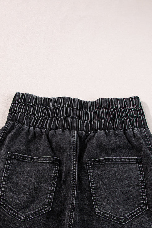 Smocked High Waist Mineral Washed Stretch Denim Shorts