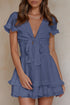 Smocked Knotted Front Layered Flare V Neck Mini Dress