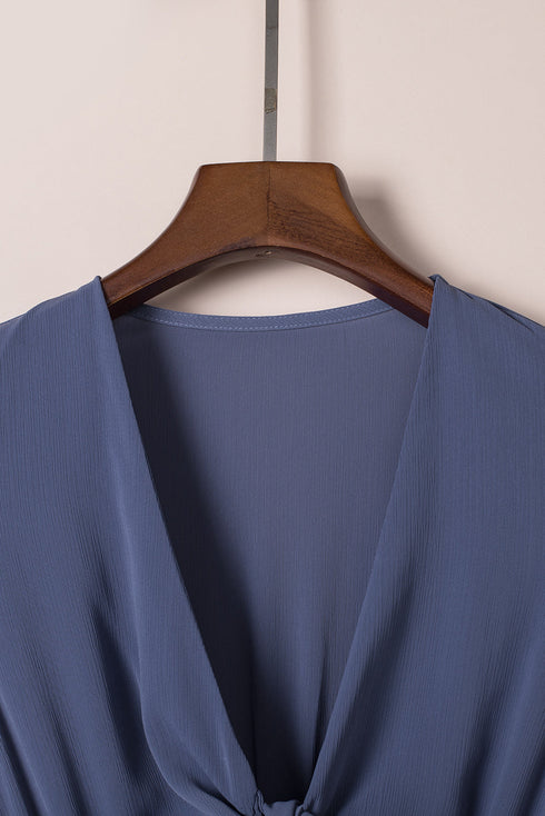 Smocked Knotted Front Layered Flare V Neck Mini Dress