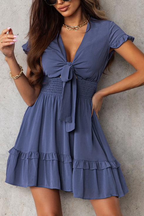 Smocked Knotted Front Layered Flare V Neck Mini Dress