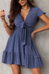 Smocked Knotted Front Layered Flare V Neck Mini Dress