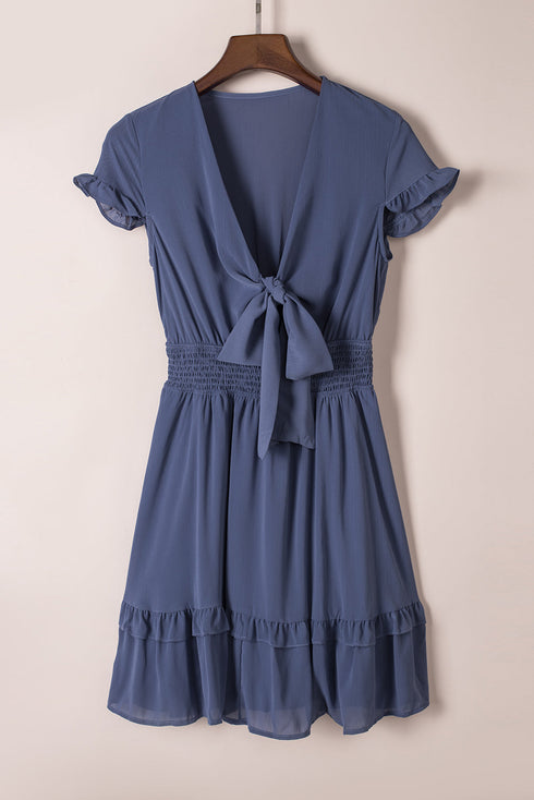 Smocked Knotted Front Layered Flare V Neck Mini Dress