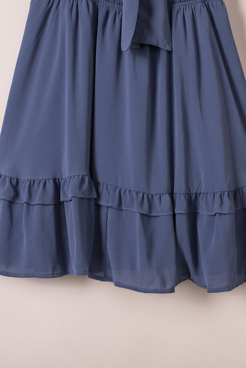 Smocked Knotted Front Layered Flare V Neck Mini Dress