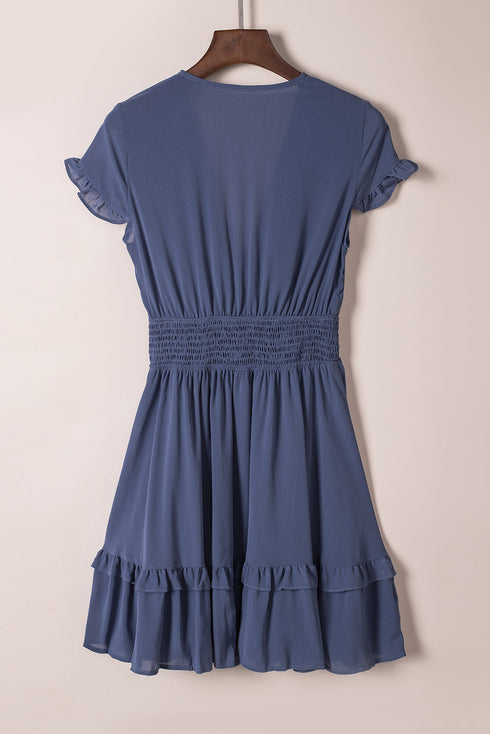 Smocked Knotted Front Layered Flare V Neck Mini Dress