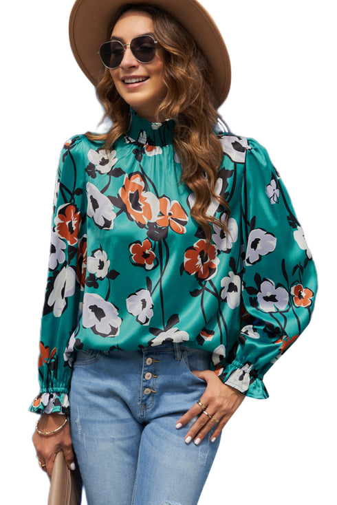 Smocked Mock Neck Floral Print Long Sleeve Blouse