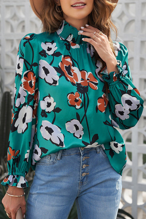 Smocked Mock Neck Floral Print Long Sleeve Blouse