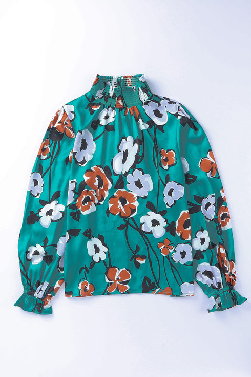 Smocked Mock Neck Floral Print Long Sleeve Blouse