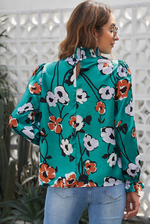 Smocked Mock Neck Floral Print Long Sleeve Blouse