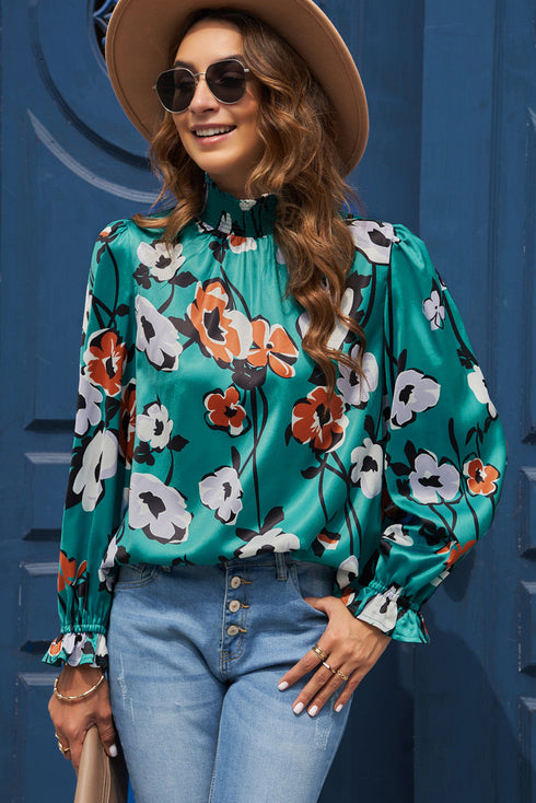 Smocked Mock Neck Floral Print Long Sleeve Blouse