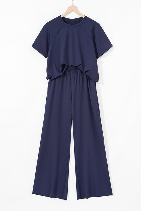 Smocked Raw Hem Loose Tee Wide Leg Pant Sets