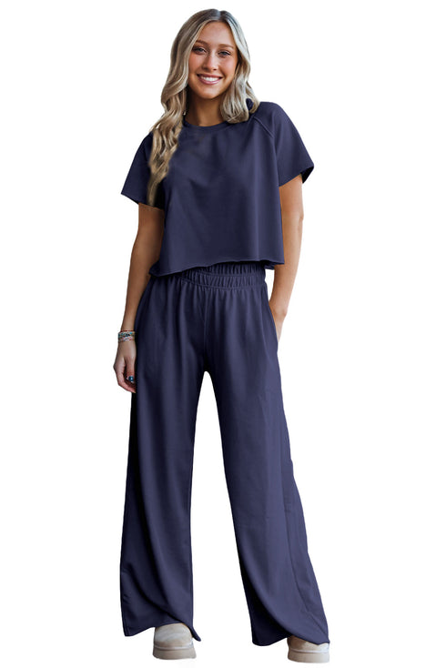 Smocked Raw Hem Loose Tee Wide Leg Pant Sets