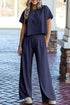 Smocked Raw Hem Loose Tee Wide Leg Pant Sets