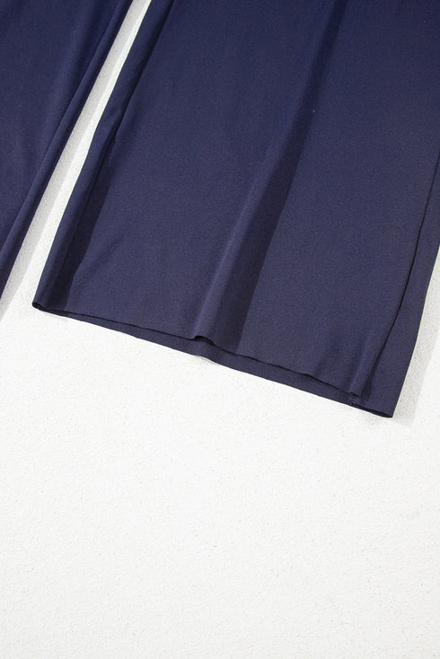 Smocked Raw Hem Loose Tee Wide Leg Pant Sets