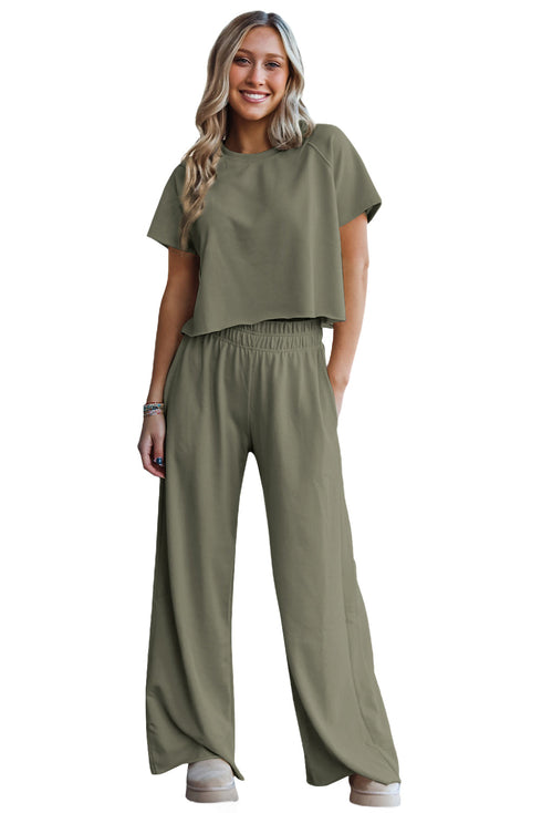 Smocked Raw Hem Loose Tee Wide Leg Pant Sets