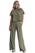 Smocked Raw Hem Loose Tee Wide Leg Pant Sets