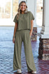 Smocked Raw Hem Loose Tee Wide Leg Pant Sets