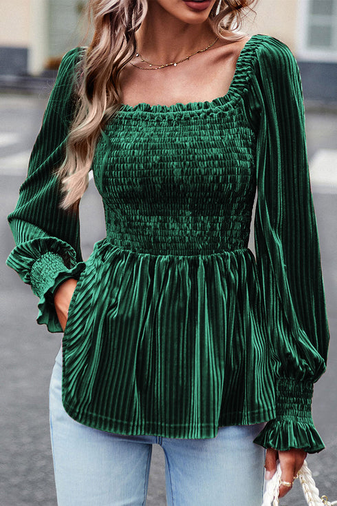 Smocked Ribbed Velvet Long Sleeve Babydoll Blouse