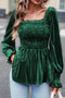 Smocked Ribbed Velvet Long Sleeve Babydoll Blouse