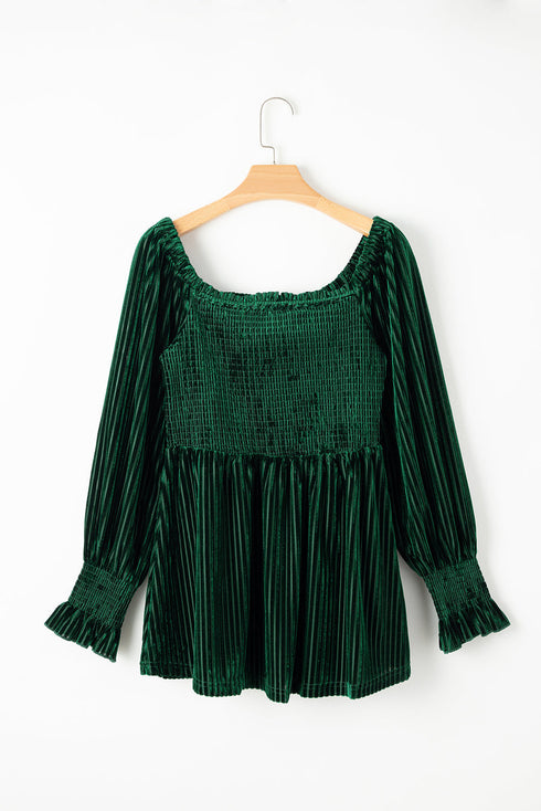 Smocked Ribbed Velvet Long Sleeve Babydoll Blouse