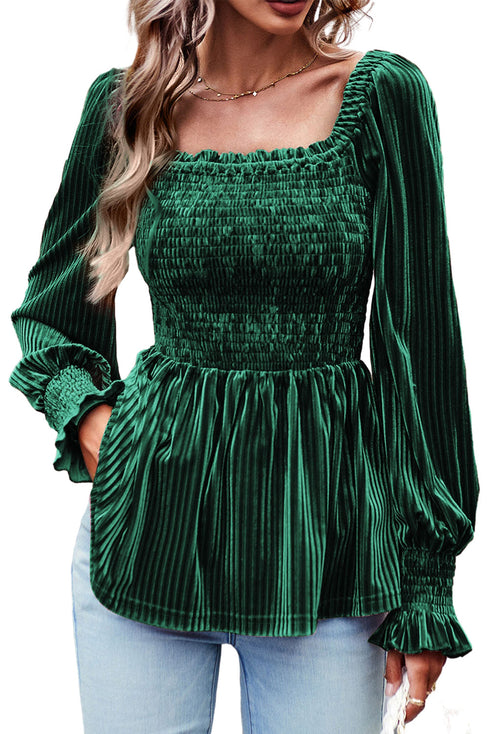 Smocked Ribbed Velvet Long Sleeve Babydoll Blouse