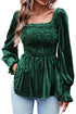 Smocked Ribbed Velvet Long Sleeve Babydoll Blouse