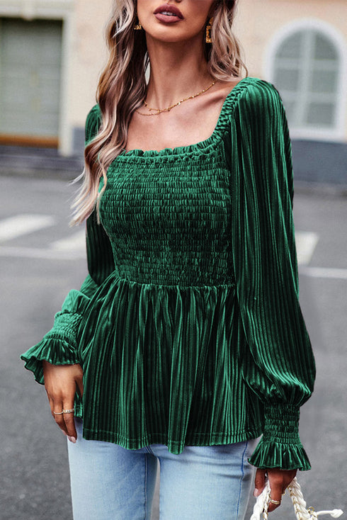 Smocked Ribbed Velvet Long Sleeve Babydoll Blouse