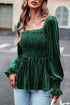 Smocked Ribbed Velvet Long Sleeve Babydoll Blouse