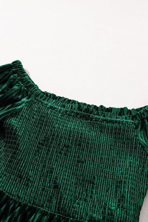 Smocked Ribbed Velvet Long Sleeve Babydoll Blouse
