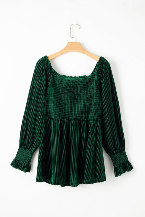 Smocked Ribbed Velvet Long Sleeve Babydoll Blouse