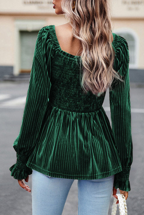 Smocked Ribbed Velvet Long Sleeve Babydoll Blouse